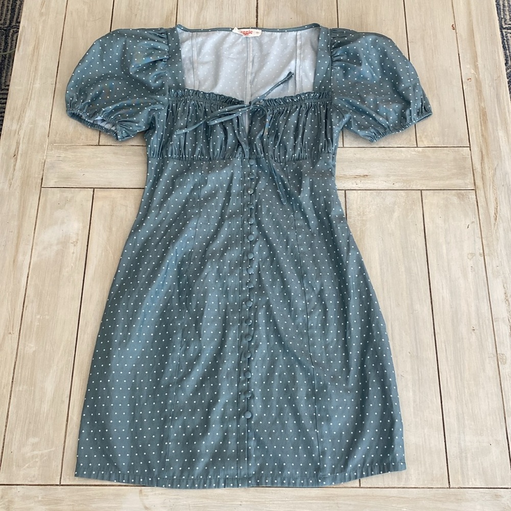 Eggie Urban Outfitters Green White Polka Dot Puff Sleeve Dress Small